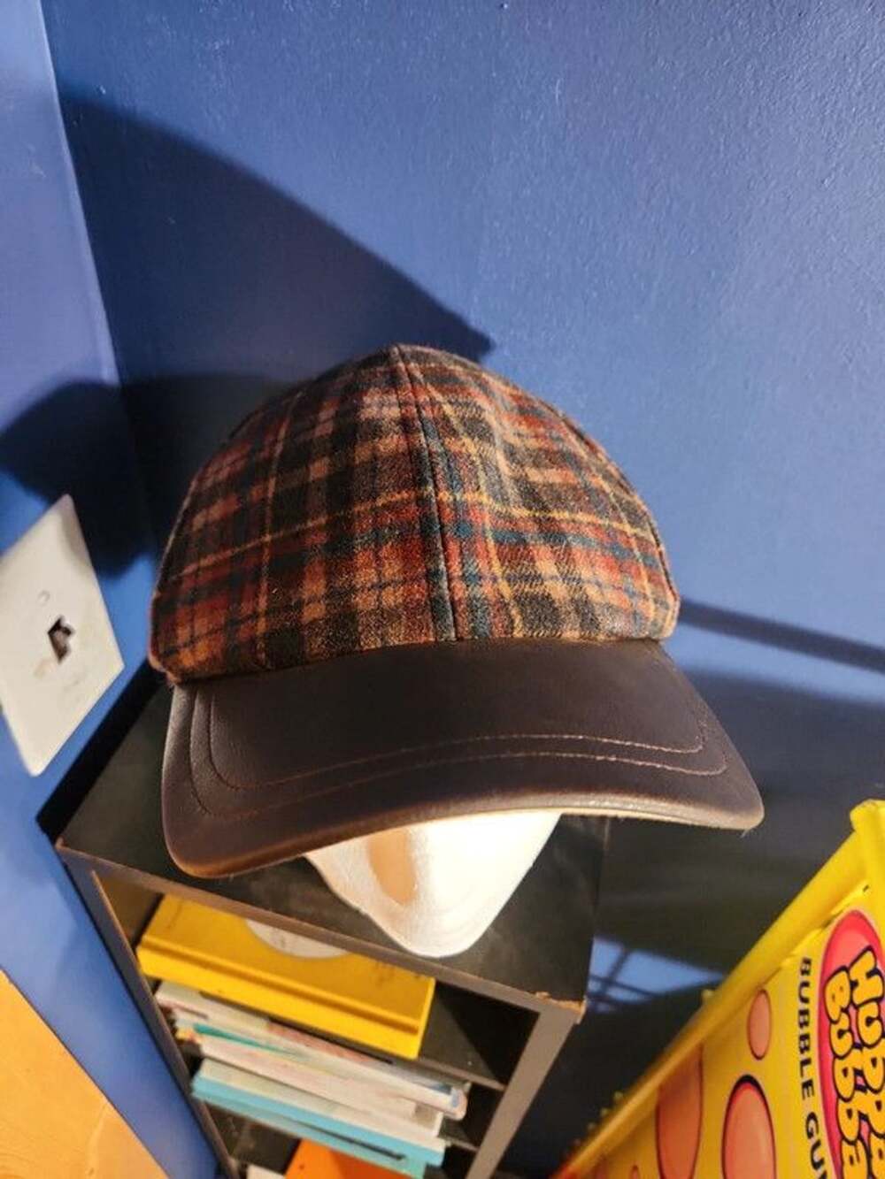 Vintage Broner Earth-Tone Plaid Wool Baseball Cap with Distressed Leather Brim